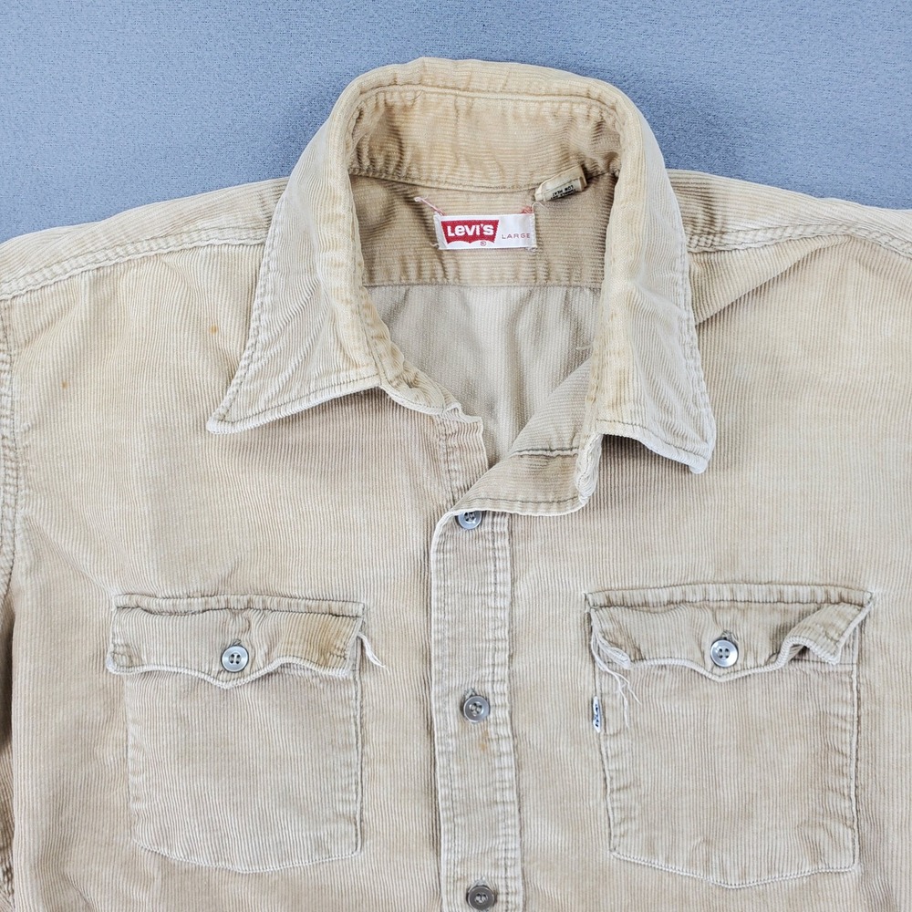 Levis Button Front Shirt Mens L Tan Vintage 70s Corduroy White Tab Distressed